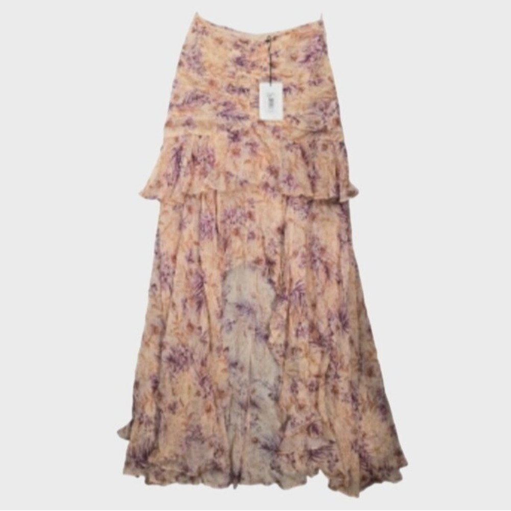 Amur SIlk Floral Ruched Tiered High-Low Maxi Skirt Pink 4 Boho Feminine NWT